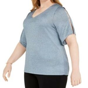 MICHAEL KORS Chambray Blue Silky Knit Ladder Bead Slit Sleeve Top size 3X